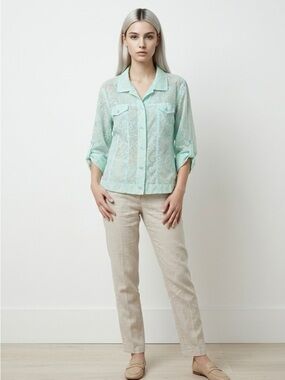 Attitude Light Blue Sheer Lace Blouse Button Front Collared Top | Size XL